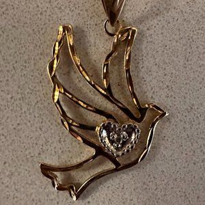 Dove Pendant With Diamond Heart And 16" Gold Over Silver Chain